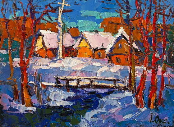 Image 1 of Original Oil Painting Winter Village Landscape Frosty breath of dawn