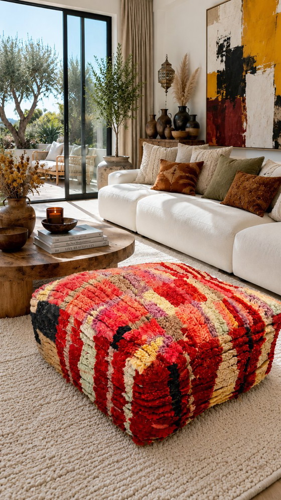 Pouf Berbero Marocchino Multicolore in Lana Fatto a Mano – 60 × 60 cm – Cuscini, Wool (photo 7 of 7)