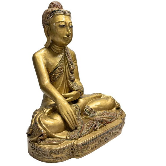 Gilded Wooden Buddha with Glass Inlay from Myanmar, Strong Features – Sculpture (photo 2 of 16)