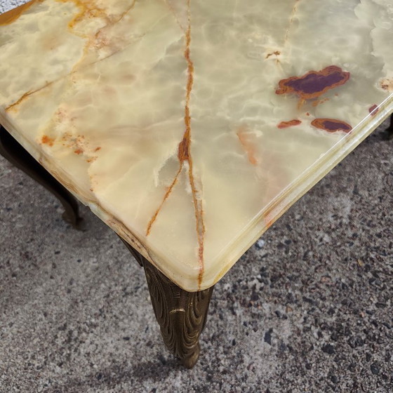 French Vintage Coffee Table with Onyx Top and Ornate Metal Legs, Stone, Green (photo 12 of 14)