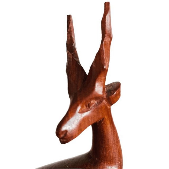 Image 1 of Vintage mid-century hand-carved wooden antelope bookend, 1970s