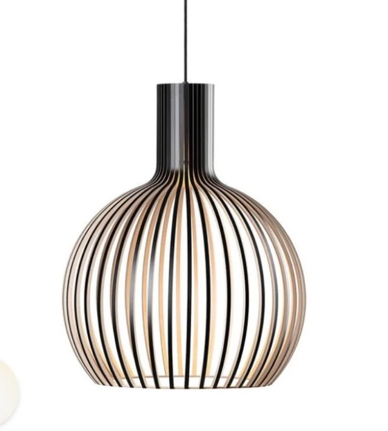 Wooden pendant lamp with slats, black and natural, Secto Octo, Modern (photo 2 of 5)