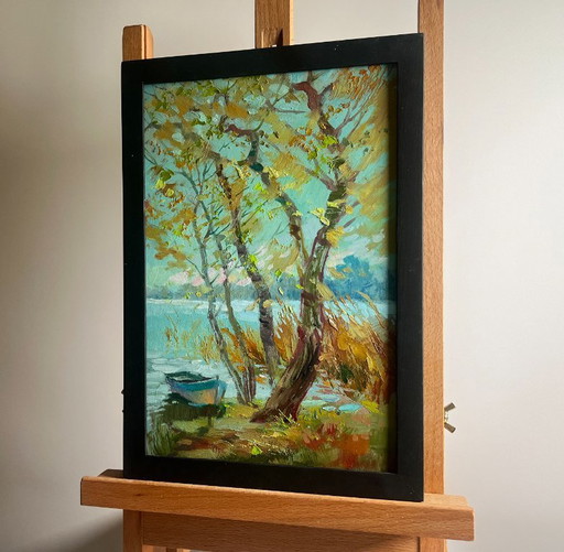Peinture à l'huile originale représentant un paysage côtier d'automne par temps venteux au bord de la rivière