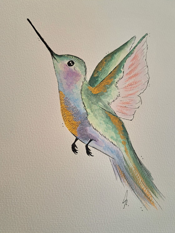 Image 1 of Peinture à l'aquarelle d'un colibri avec cadre et passe-partout