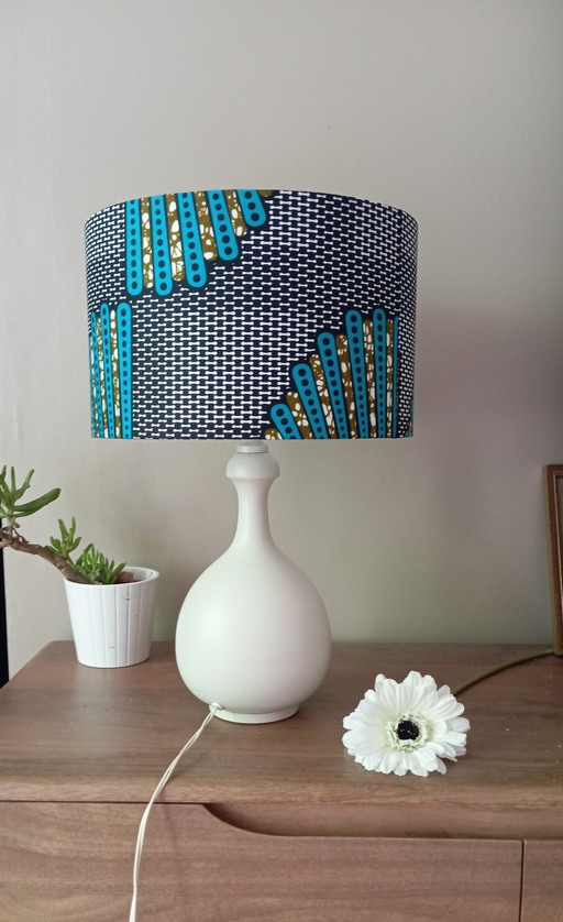 Table lamp, cream base, circular shade, wax fabric, one-of-a-kind creation