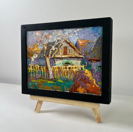 Original Oil Painting Colorful Village Landscape Early spring has arrived