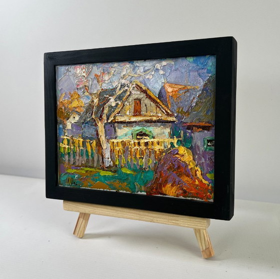 Image 1 of Original Oil Painting Colorful Village Landscape Early spring has arrived