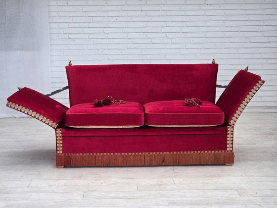 1970s, Danish 2-seater "Spanish" drop arm sofa, furniture velour., 2 seaters, Velvet, Wood, Red (photo 18 of 23)