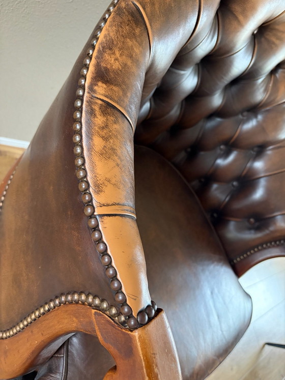 Vintage Antique Leather Chesterfield Swivel Office Chair, Swivel chairs, Metal, Brown (photo 9 of 9)