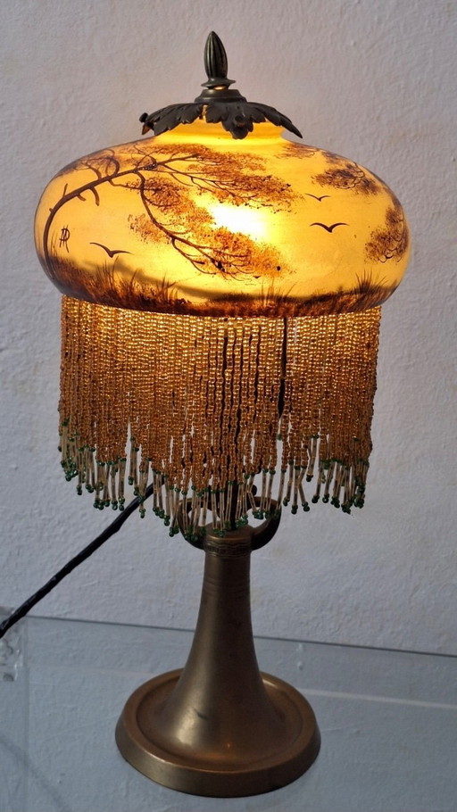 Antique Signed Reverse Painted Bronze Table Lamp, 1910-20