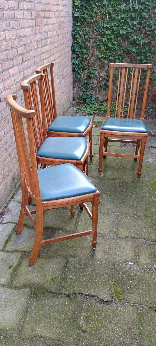 4 chaises de salle à manger anciennes en chêne anglais – eetkamerstoelen, Wood, Skai