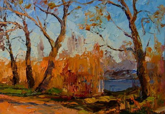 Origineel olieverfschilderij Herfstlandschap Natuur Rivier Tijdens een wandeling – Schilderijen & Tekeningen (photo 4 of 8)