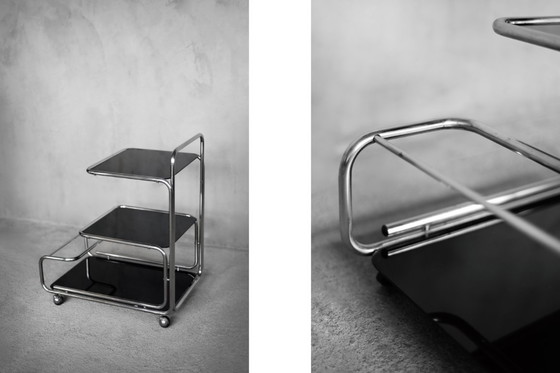 Image 1 of Vintage Mid-Century German Modern Bauhaus Chrome & Glass Serving Trolley or Bar Cart, 1960s