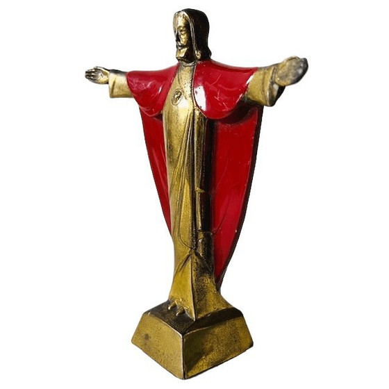 Image 1 of Vintage Jesus Statue, Messing Emaille, rot, 15 cm, 1950er Jahre