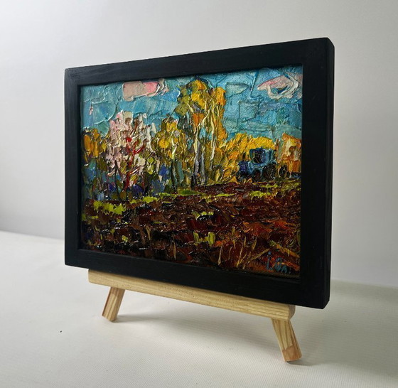 Image 1 of Original Oil Painting Nature Field Landscape Early spring over the village silence