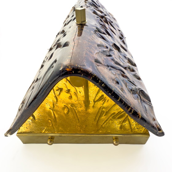 Image 1 of Coppia di applique in vetro di Murano ambrato e ottone in stile Mazzega