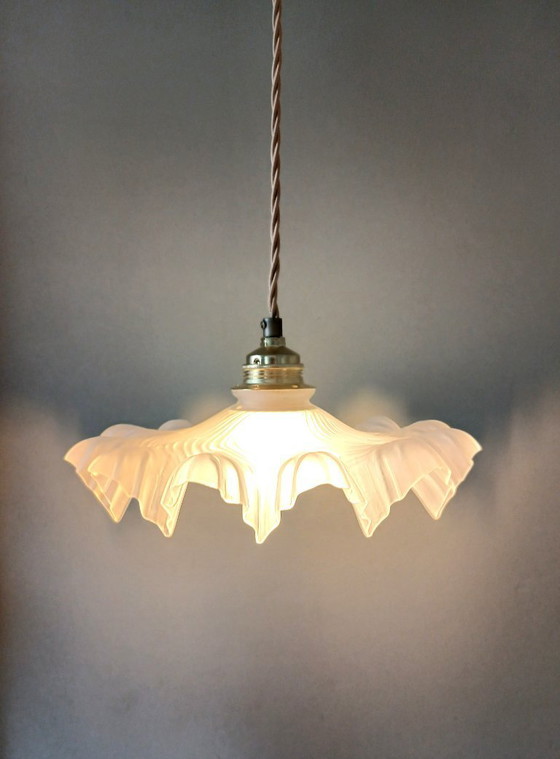 Image 1 of Vintage Franse Frosted Glazen Hanglamp in Clichy Stijl