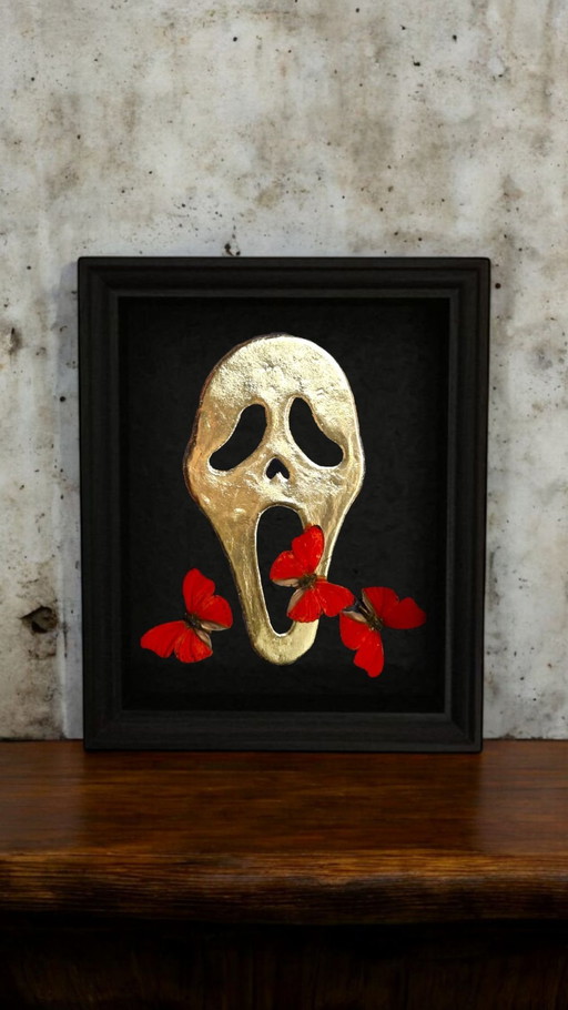23ct Gold Gilded Artwork Scream Mask With Real Mounted Butterflies in Frame Limited Edition