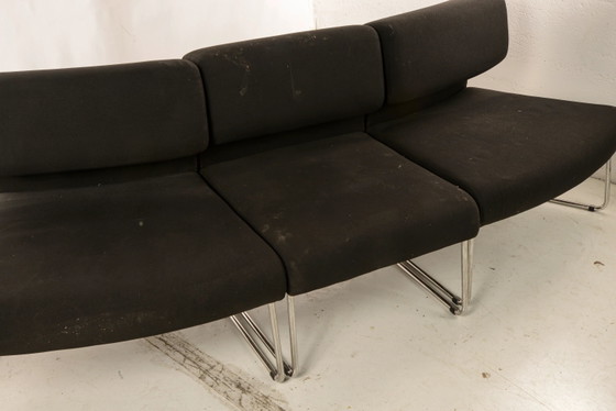 1960s 3-Piece Sofa with Two Curved Sections and One Straight Central Section, Black Fabric and Chrome Steel (photo 5 of 10)