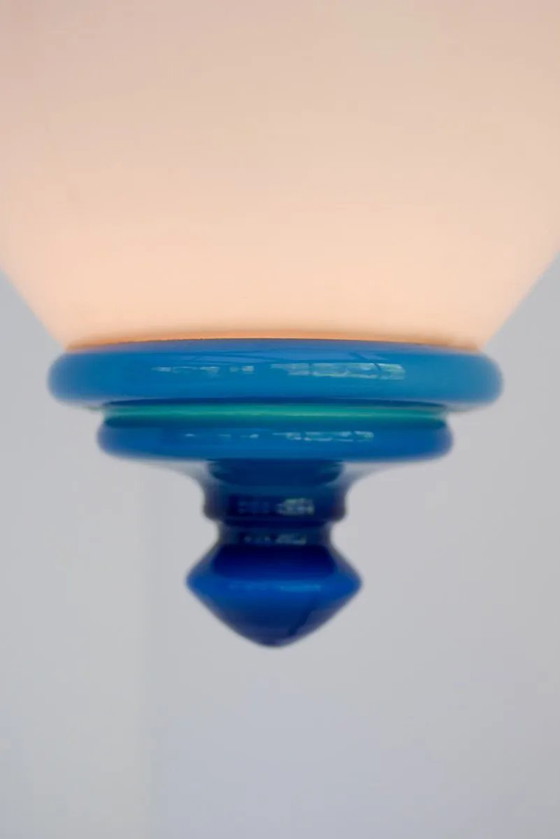 Image 1 of Suspension Art déco scandinave en verre opalin avec détails bleu azur, années 1930