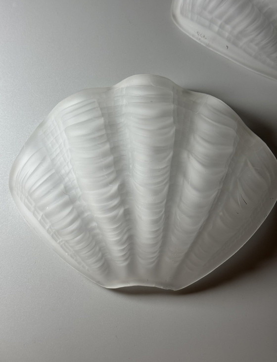 Image 1 of Pair of Vintage Frosted Glass Shell Wall Sconces – Brass Mounts – Art Deco Revival, ca. 1970s–1980s