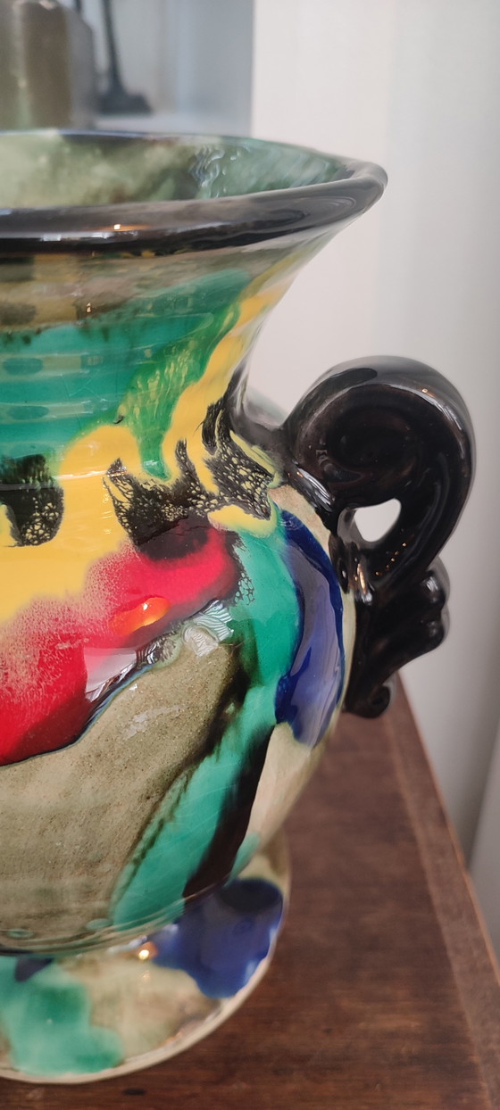 Image 1 of Keramikvase im Art-Deco-Stil mit geflammten Glasuren