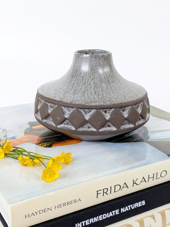 Image 1 of Midcentury Deense vaas van Frank Keramik | Licht Blauw Bruin Glazuur