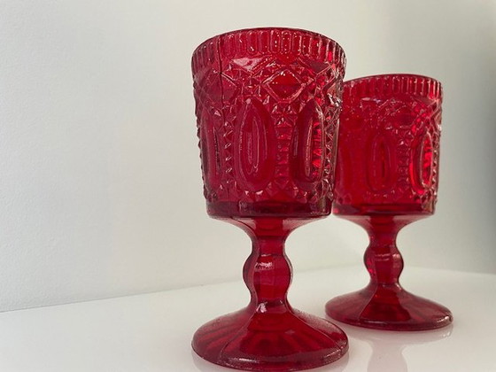 Image 1 of 2 Bright Red Goblet/Wine Glasses With Baroque Decorations/Motifs