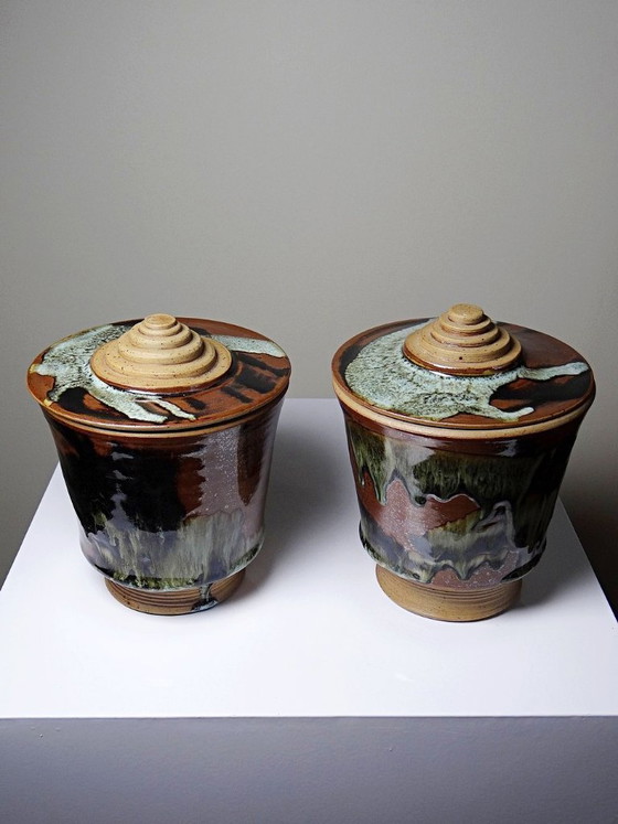 Image 1 of Pair of vintage 80s-90s Japanese-style stoneware pots from Studio Poterie, handcrafted and signed