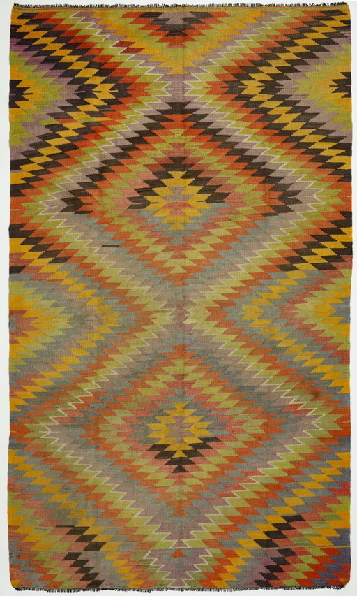 Tappeto Kilim Usak anatolico vintage 294x163 cm – Tessuto a mano in lana con motivo a zigzag colorato