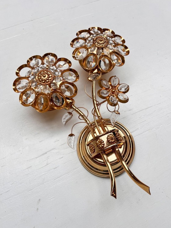 Image 1 of Brass and crystal Art Deco wall lamp attributed to PALWA, 1960s