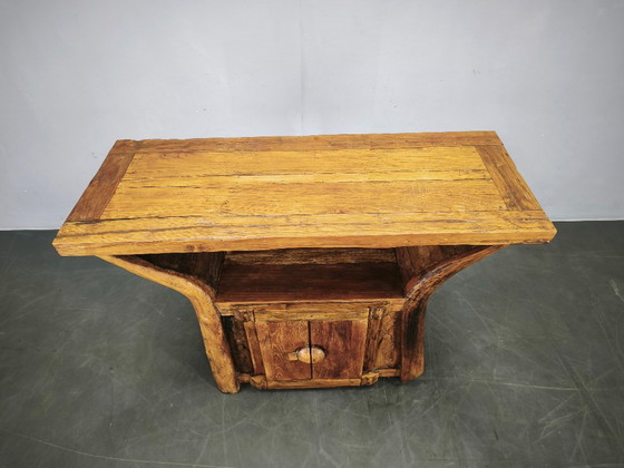 Console en Bois Massif Rustique Asiatique des Années 70, Buffet Primitif Sculpté à la Main, Marron (photo 4 sur 14)