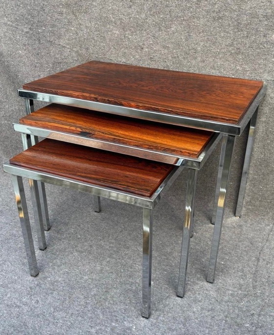 Ensemble de Tables d'appoint du fabricant Pastoe conçu par Cees Braakman, Bois, Chrome, Marron (photo 3 sur 11)