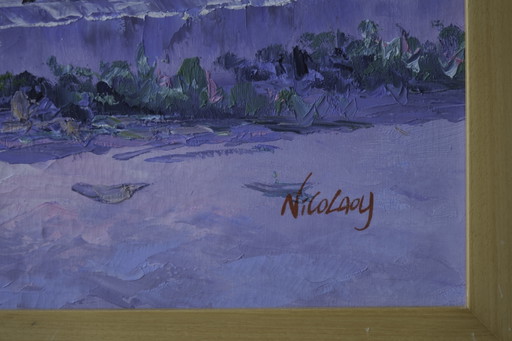 Pintura al óleo original "Molino griego junto al mar" – Firmada por Nicolaoy – Enmarcada