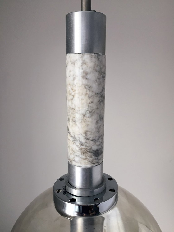 Image 1 of Lampada a sospensione vintage in marmo, acciaio inox spazzolato e vetro fumé, Italia 1970