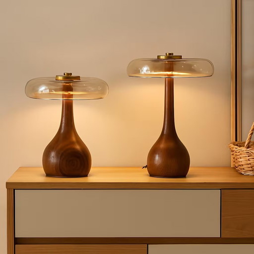 Lampe de chevet en bois | Lampe de table en bois faite à la main avec abat-jour en verre