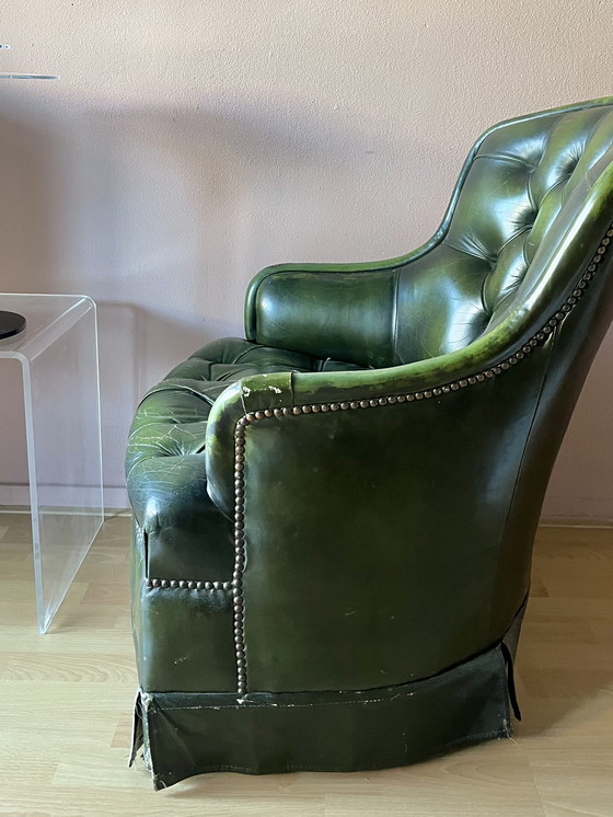 Image 1 of Poltrona Chesterfield club inglese in pelle verde lounge