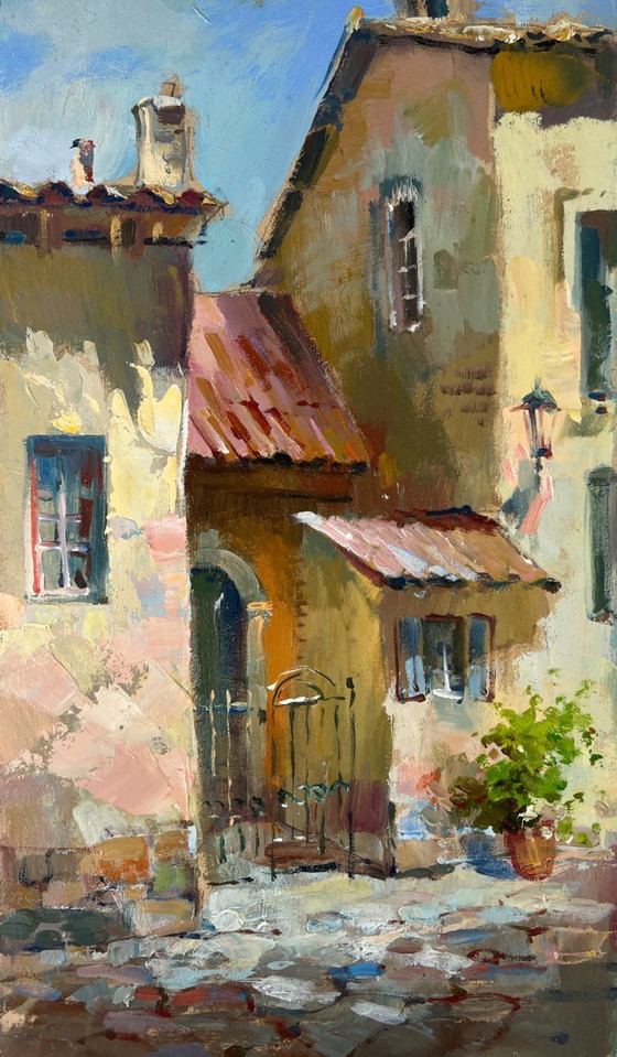 Image 1 of Peinture à l'huile originale - Paysage de rue urbaine - Chemin vers la maison par la ruelle