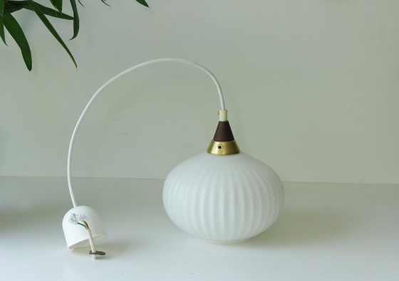 Image 1 of Vintage hanging lamp Danish design opal glass lamp teak 60s 70s