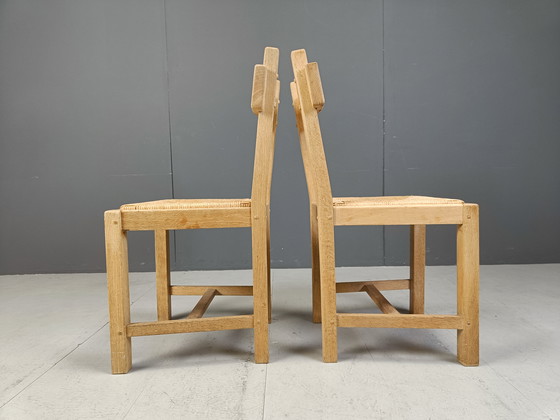 Image 1 of Set van 6 eiken en rieten Brutalistische eetkamerstoelen, 1960S