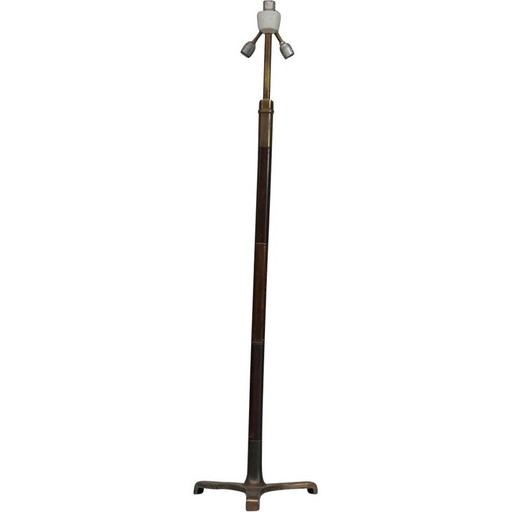 Vintage vloerlamp van hout en messing, Frankrijk 1950