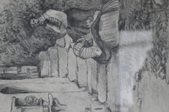 Disegno a carboncino attribuito a Jacques Moulinier (1753–1828) — Figure davanti a una casa a graticcio (photo 6 of 14)