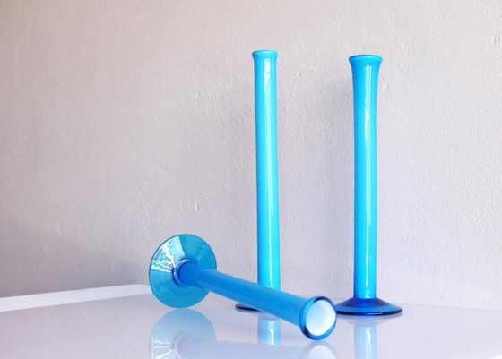 Image 1 of Vintage tall handblown orchid vases in azure blue by Artur Percy for Gullaskruf, 1970s, set of 3