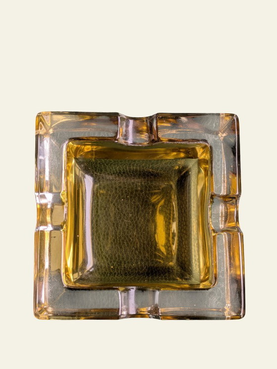 Image 1 of Raro posacenere di metà secolo in vetro giallo con custodia in pelle rossa | anni '60 vintage