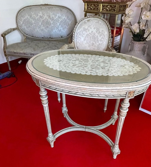 Louis Seize seating group: sofa, 4 chairs, table