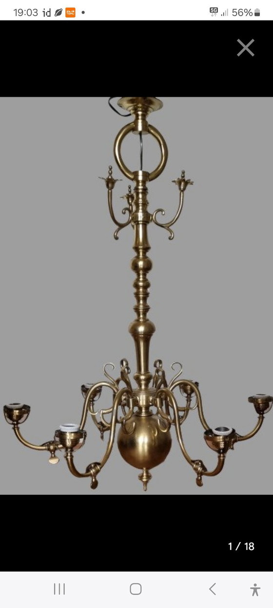 Lampadario a sfera 1880-1900 in splendide condizioni, Illuminazione, Rame, Porcellana, Dorato (foto 2 di 10)