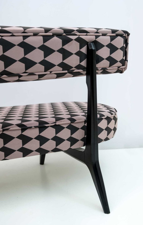 Curved Bench with Black and Beige Geometric Pattern, Kagan, Benches, Textile, Velvet, Mid Century Modern (photo 8 of 12)