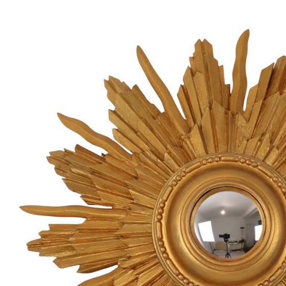 Image 1 of Vintage Houten Zonnespiegel Sunburst Convex Goud 46cm