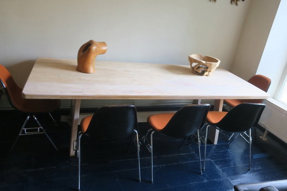 Image 1 of Large Brutalist Limed Oak Trestle Table 1940s