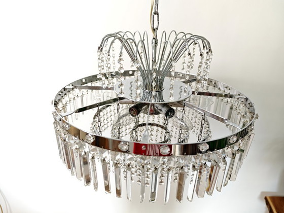 Image 1 of Mid Century Chrome Crystal Chandelier / Retro Tier Waterfall Ceiling Light / 1970s Hollywood Regency Pendant Lamp / Vintage Hang